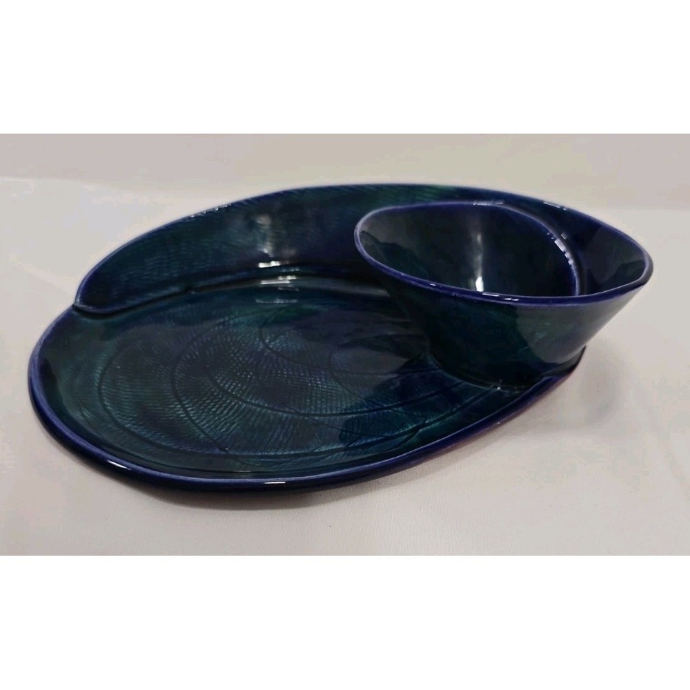 Handmade Blue Pottery Chip & Dip Seving Set